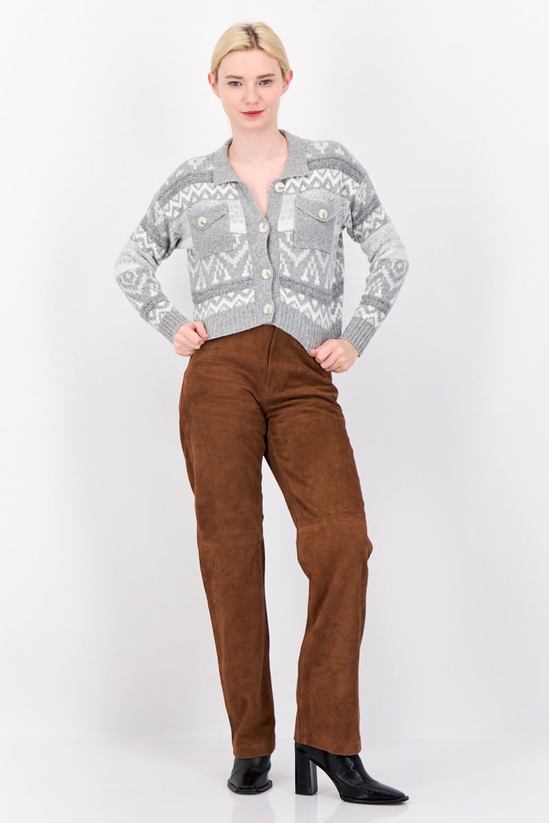 Pink Rose Women Spread Collar Knitted Cardigan, Light Grey - Image 4